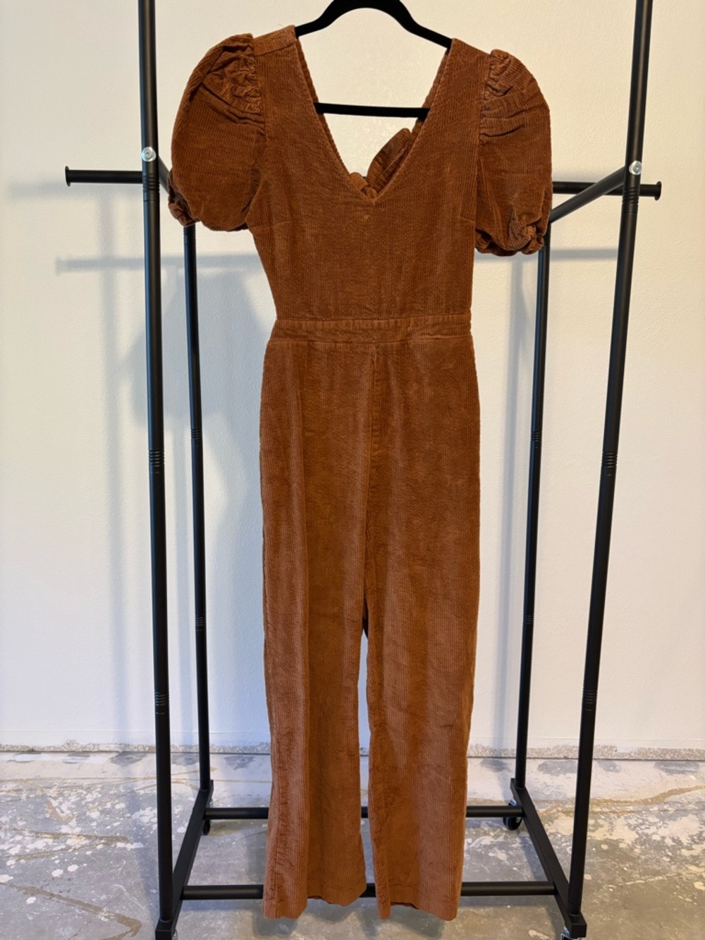 Brown Corduroy Puff-Sleeve Jumpsuit